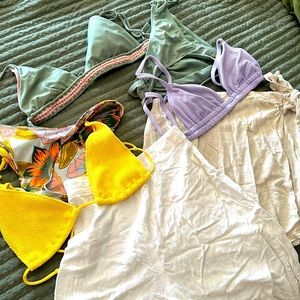 Bag of Beach Bikinis (two bottoms, 3 tops) with a cover up and white linen pants